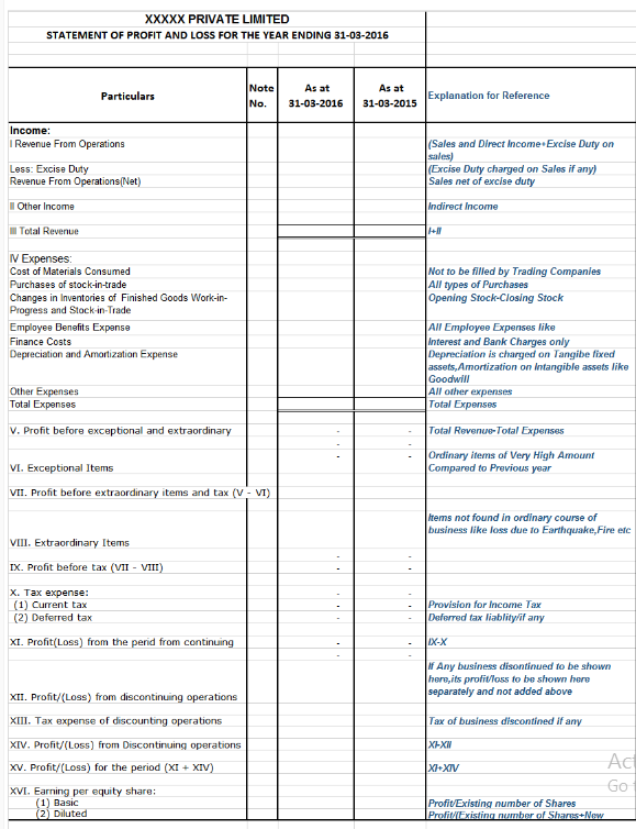 year specific profit and loss statement