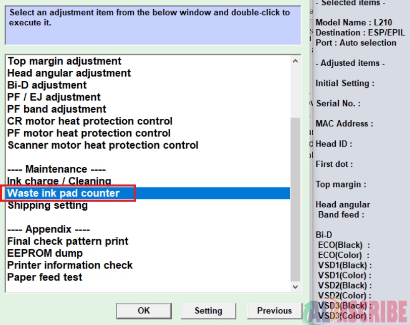 Selecting Waste ink pad counter