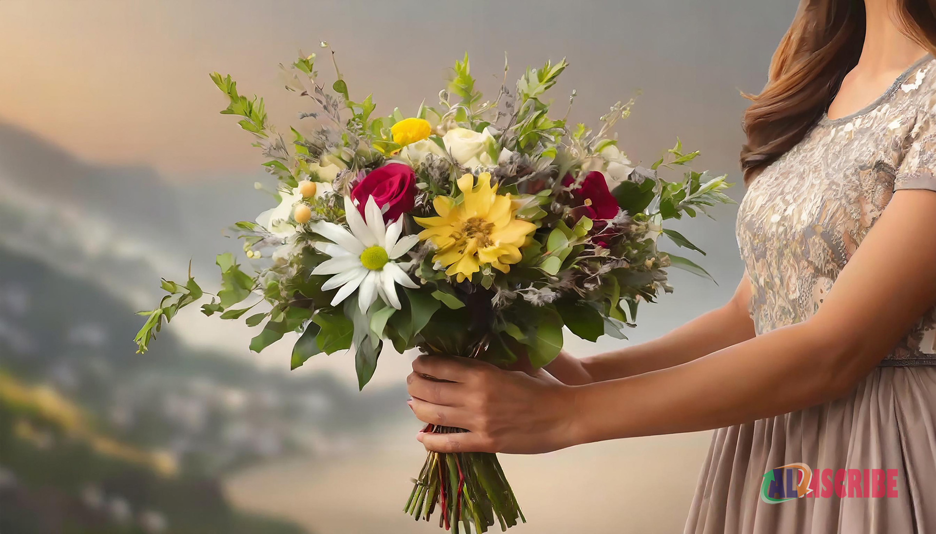 girl holding wooden flower bouquet